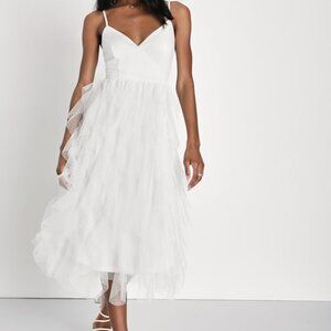 Lulus Breathtaking Essence White Swiss Dot Mesh Ruffled Midi Dress - Size S